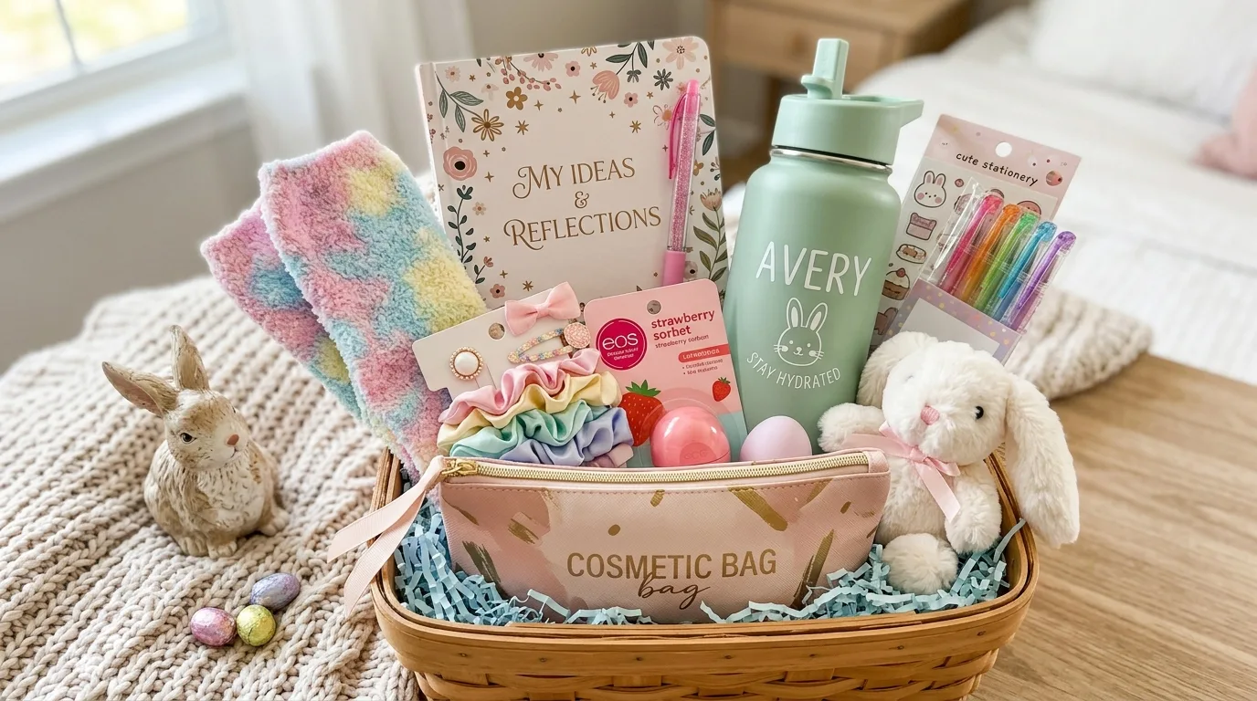 Outdoor adventure Easter basket with kite, chalk, bubbles and games