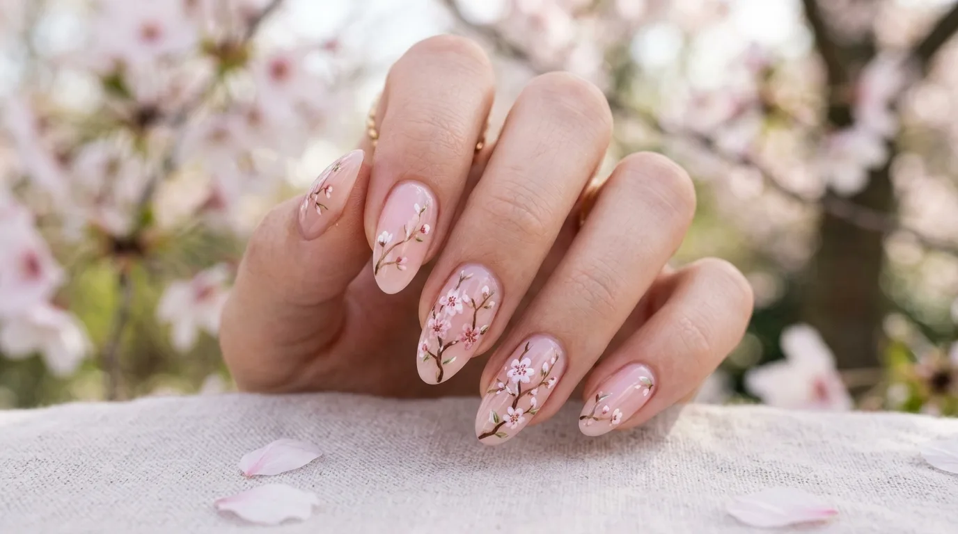 Tiny floral April nails with delicate spring flowers