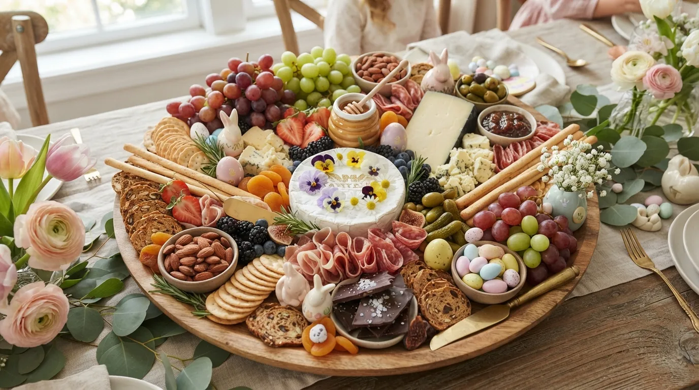 Bunny-shaped Easter charcuterie board with colorful snacks