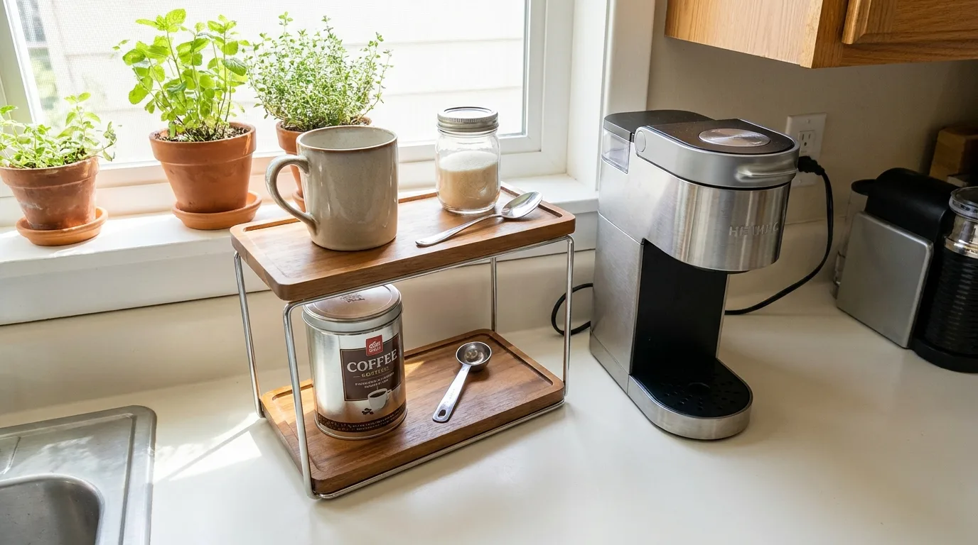 Rustic farmhouse tiered tray coffee station with wood, white mugs, glass jars, and metal accents