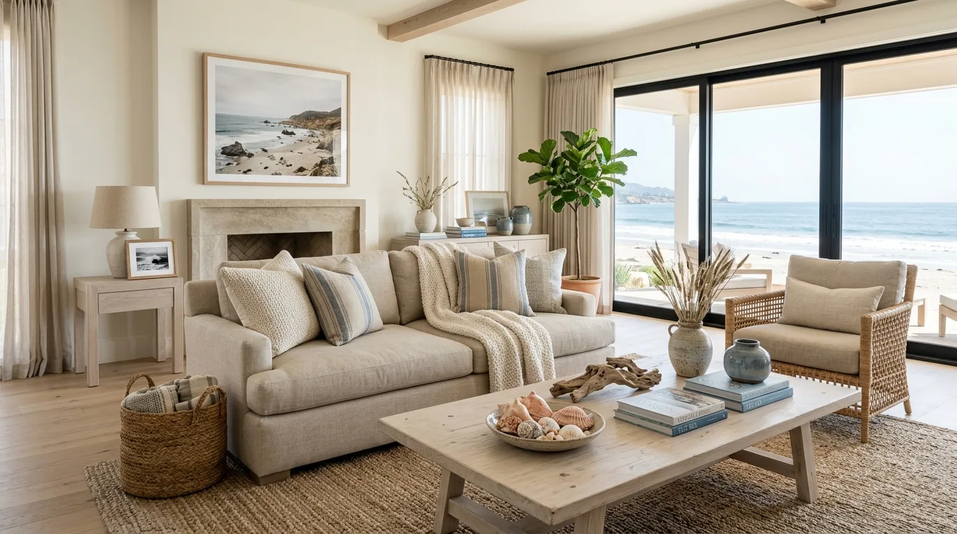 Breezy coastal living room with a relaxed linen sofa and soft neutral textiles