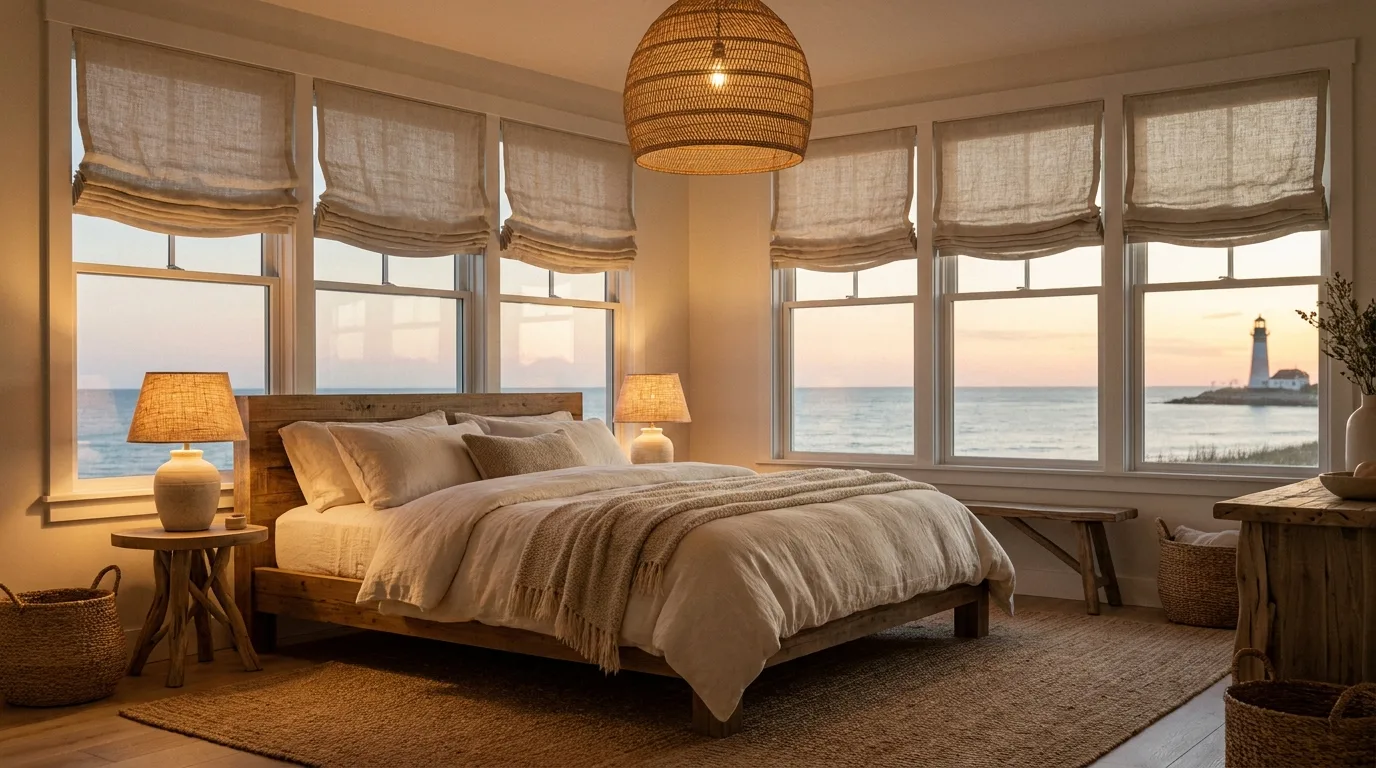 Breezy coastal bedroom with layered white linen bedding and natural wood accents