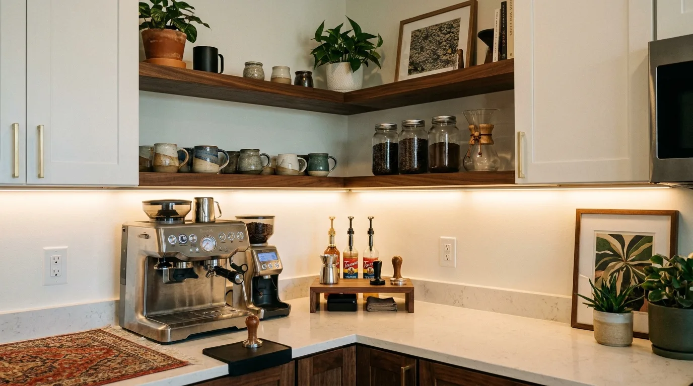 Tiered tray coffee bar with mugs, coffee jars, and accessories beside a kitchen coffee maker
