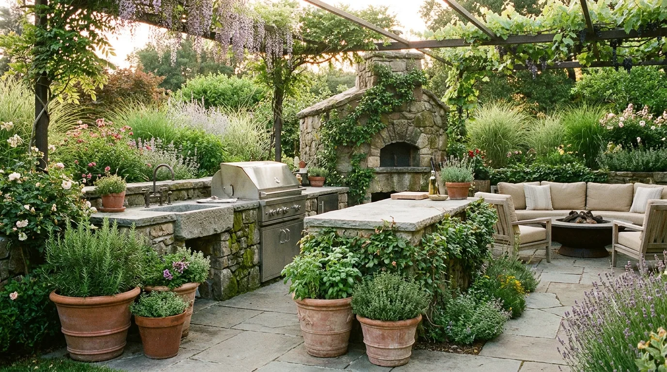 Stylish outdoor kitchen island with grill, storage, countertop, and bar seating