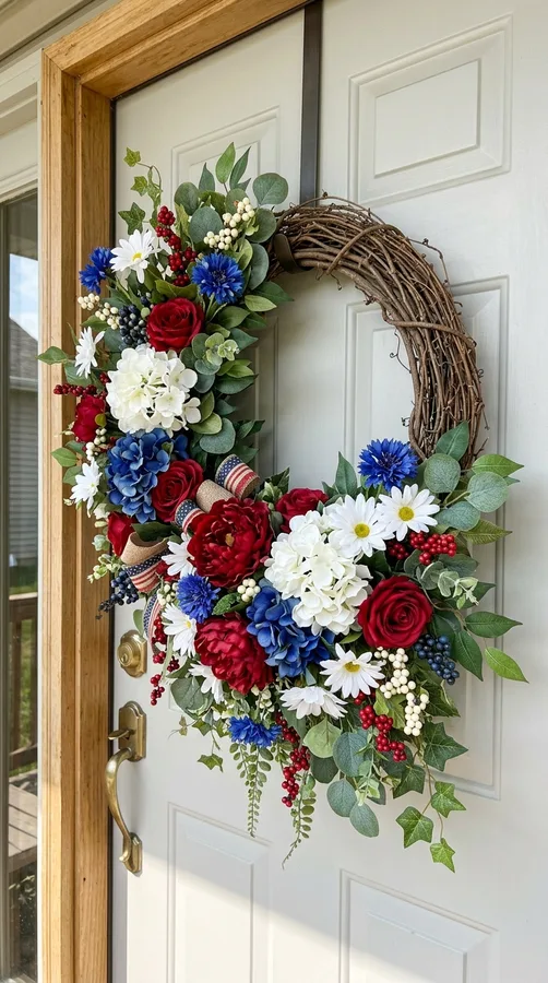 DIY red, white, and blue bandana wreath with wooden stars