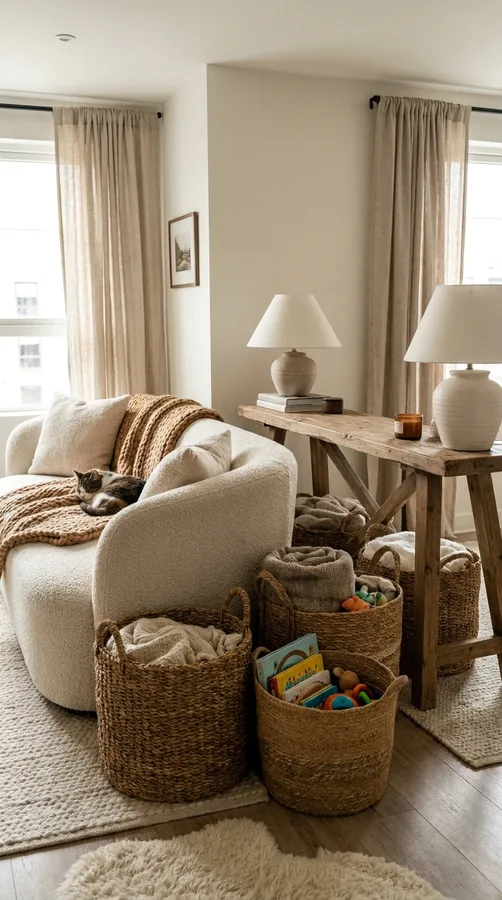Warm neutral color palette in a cozy apartment living room