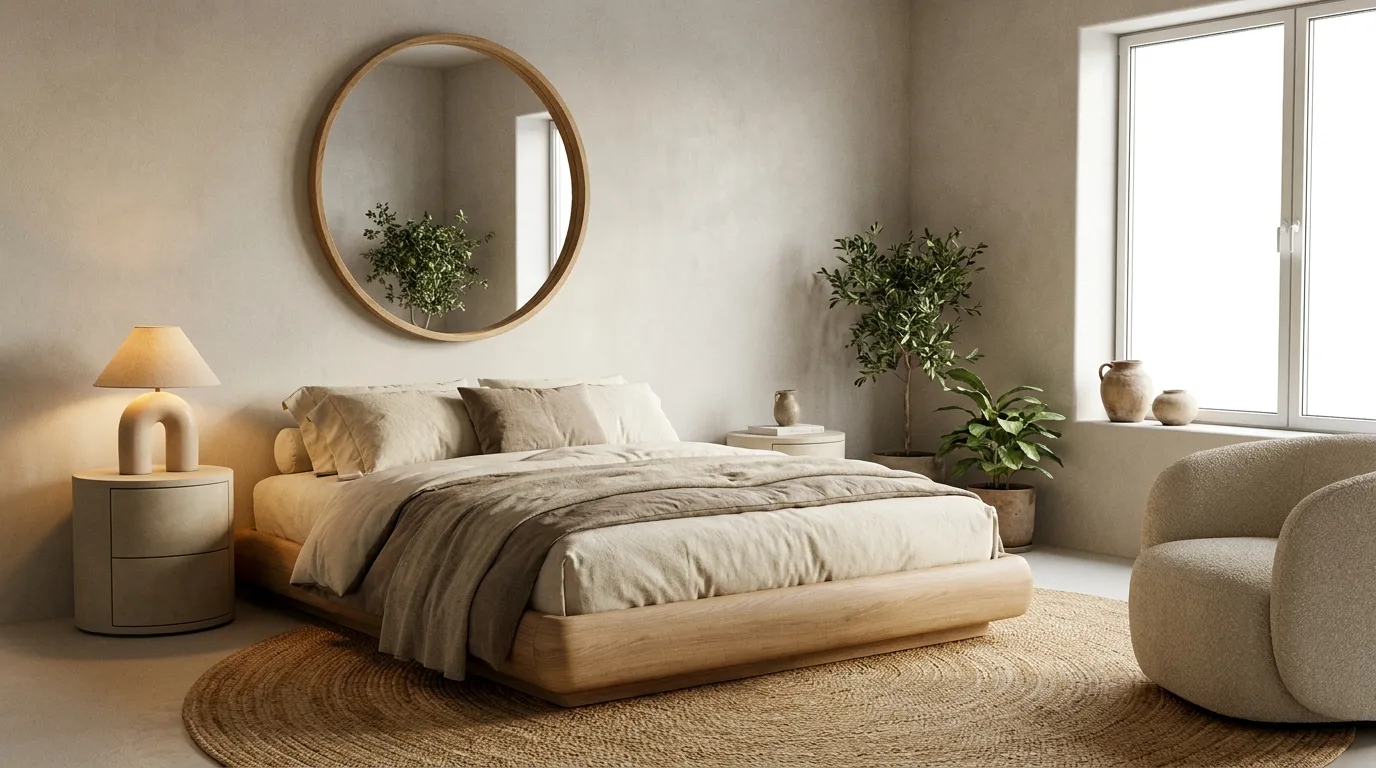 Minimalist bedroom featuring a low-profile platform bed and simple neutral bedding