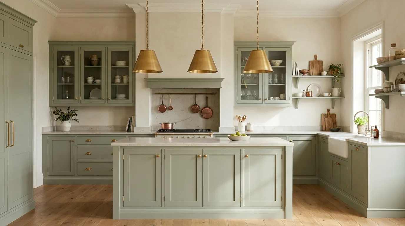 Sage green kitchen island paired with neutral cabinets and a light countertop
