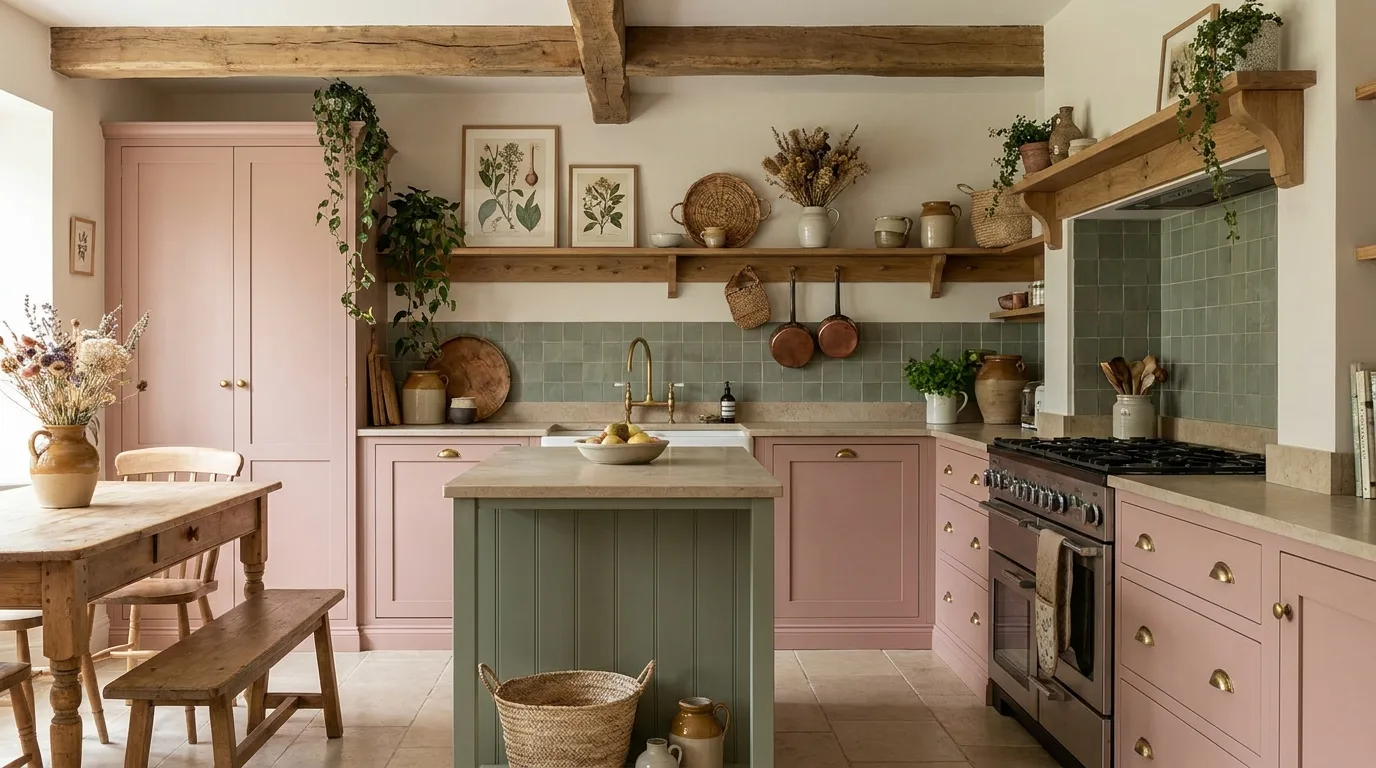 Dusty pink kitchen cabinets paired with natural wood accents