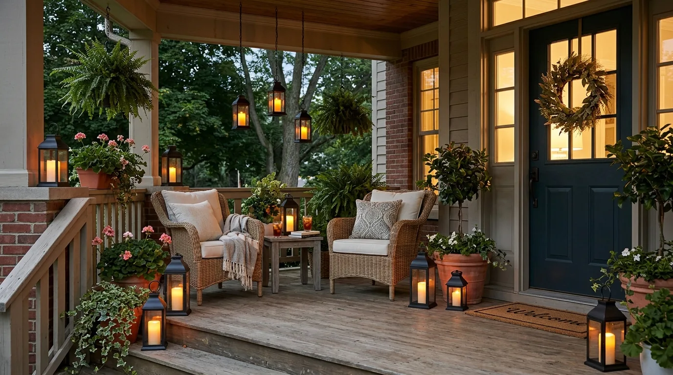 Colorful summer throw pillows on porch furniture