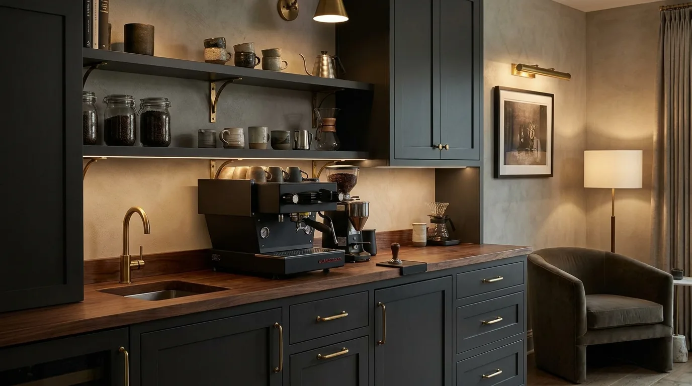 Coffee maker beneath floating shelves displaying mugs, coffee jars, plants, and décor