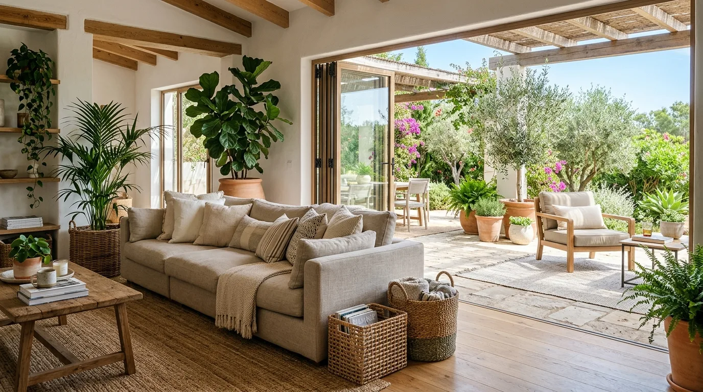 Sunlit bedroom with breezy sheer curtains and light summer decor