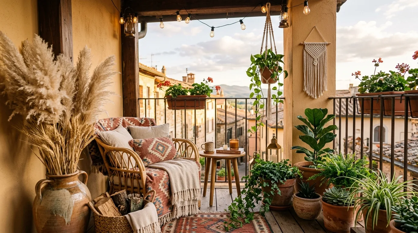 Bohemian balcony filled with hanging plants in woven and macramé planters