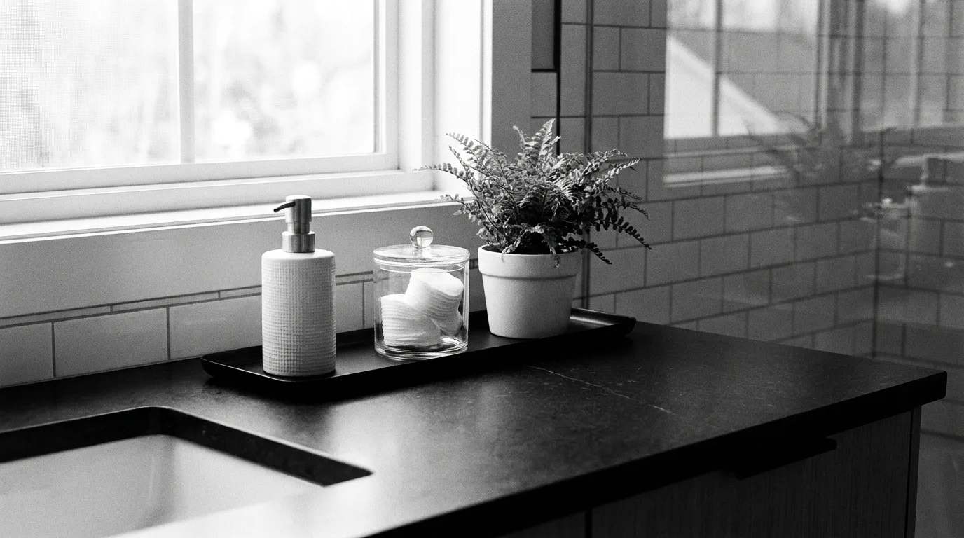 Matching soap dispensers create a coordinated bathroom counter