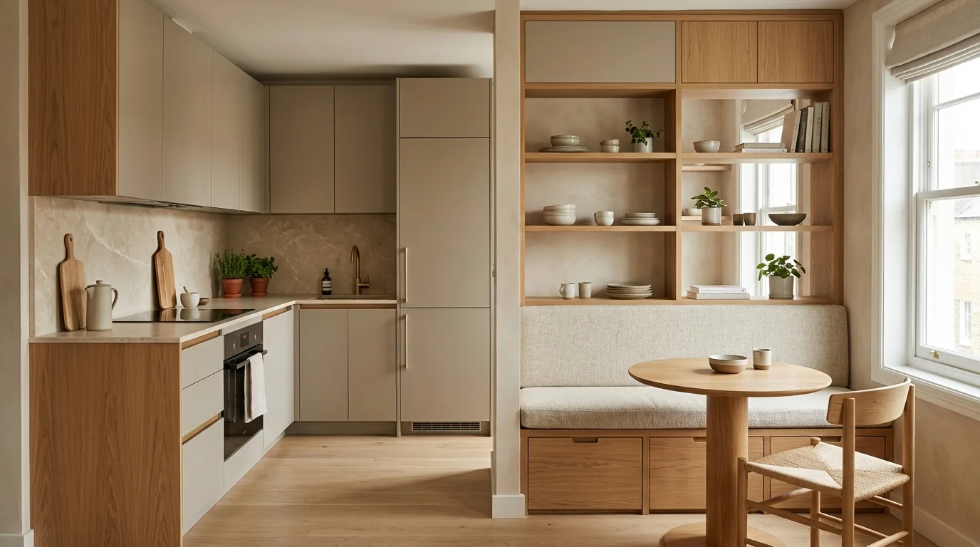 Kitchen with a half-wall partition and breakfast counter