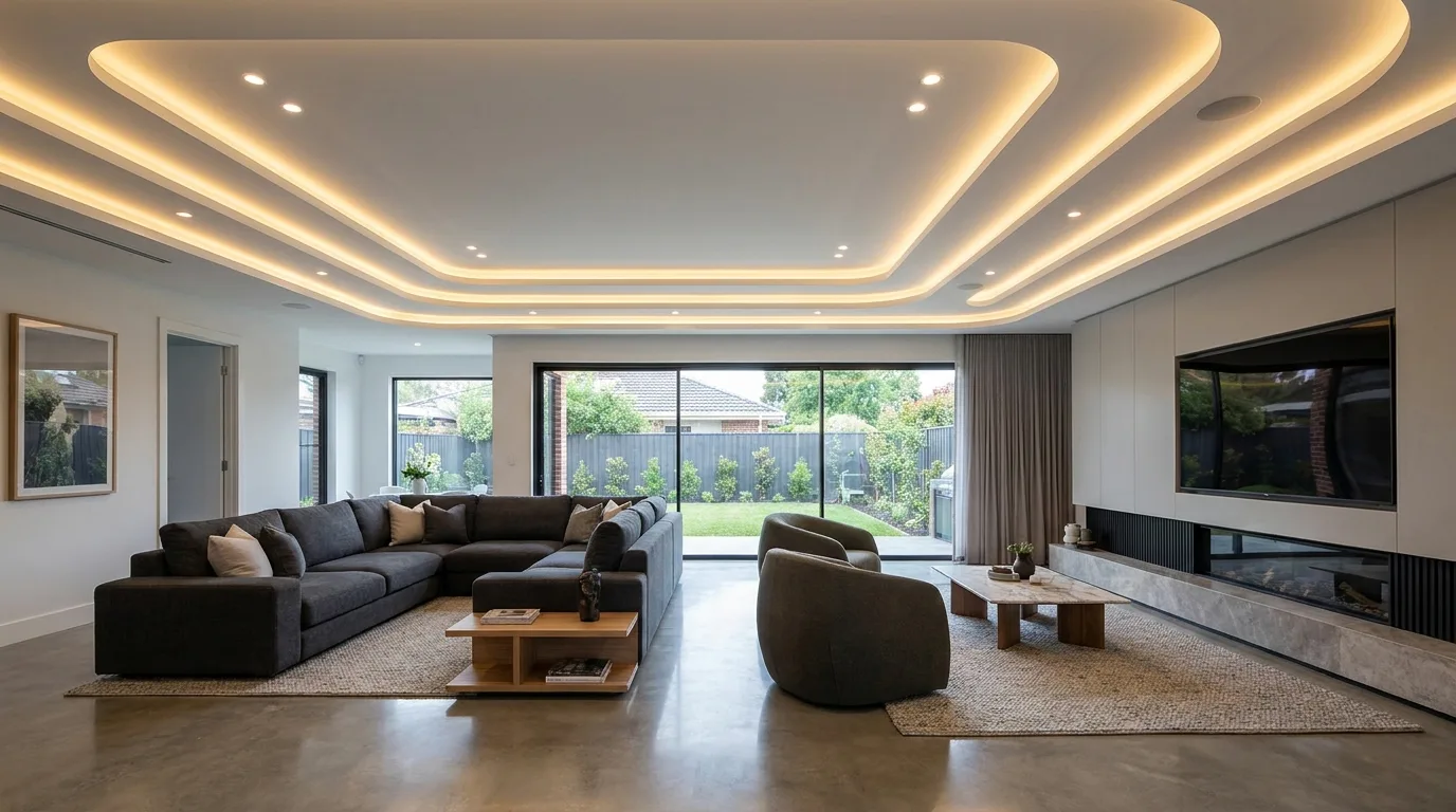 Living room with a warm wooden accent false ceiling and gypsum framing
