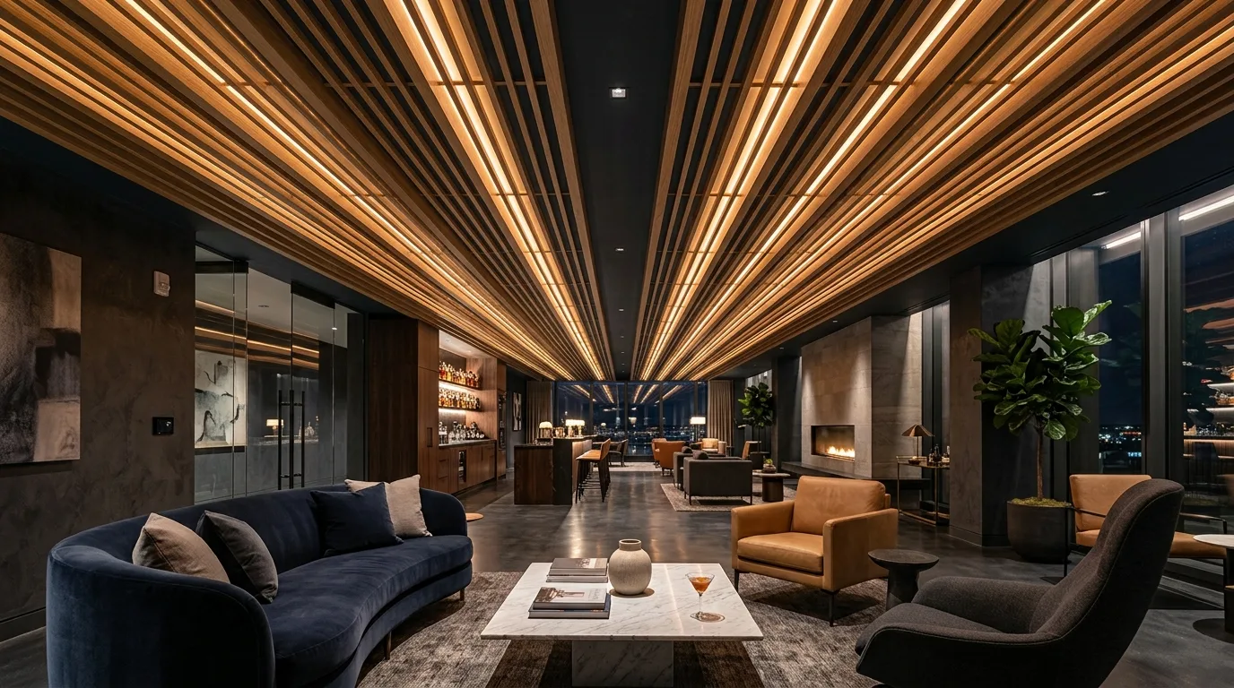 Luxury wood panel false ceiling with natural grain