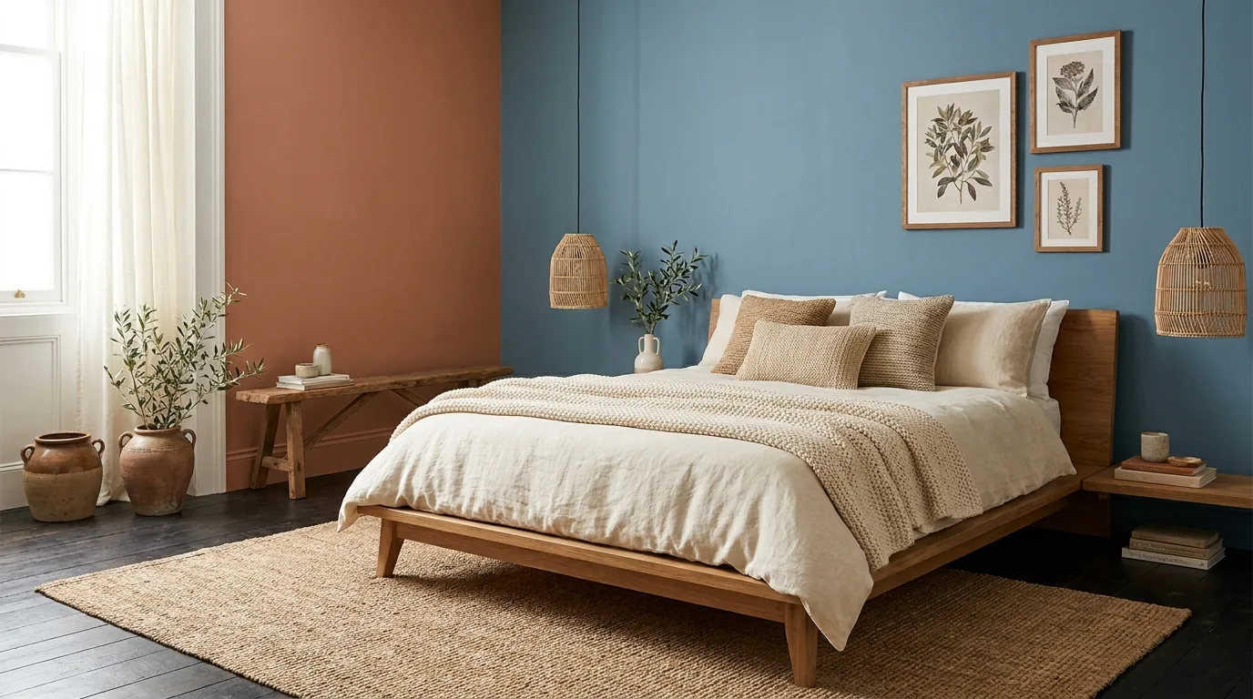 Sophisticated bedroom with dusty blue and warm white walls, oak furniture, and ivory bedding.