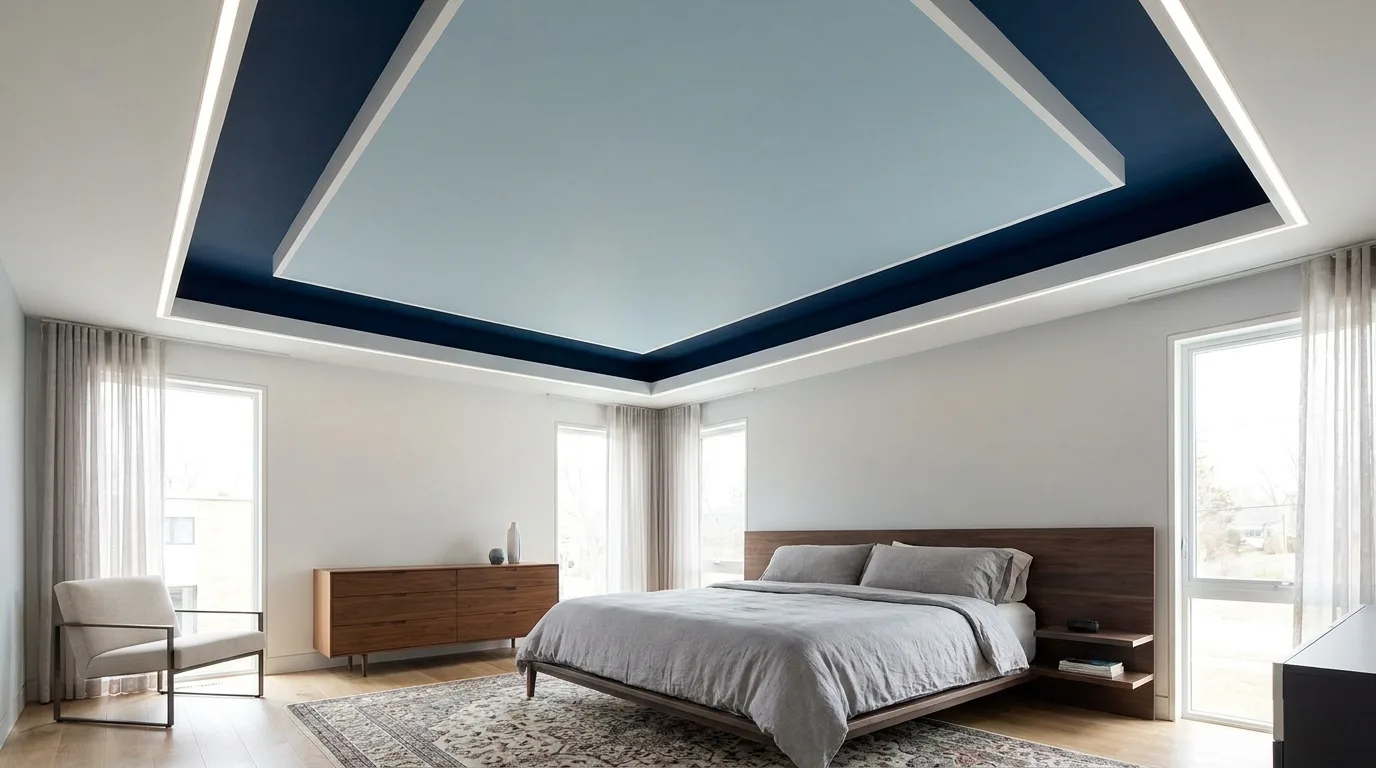 Navy blue and white geometric POP ceiling in a modern living room