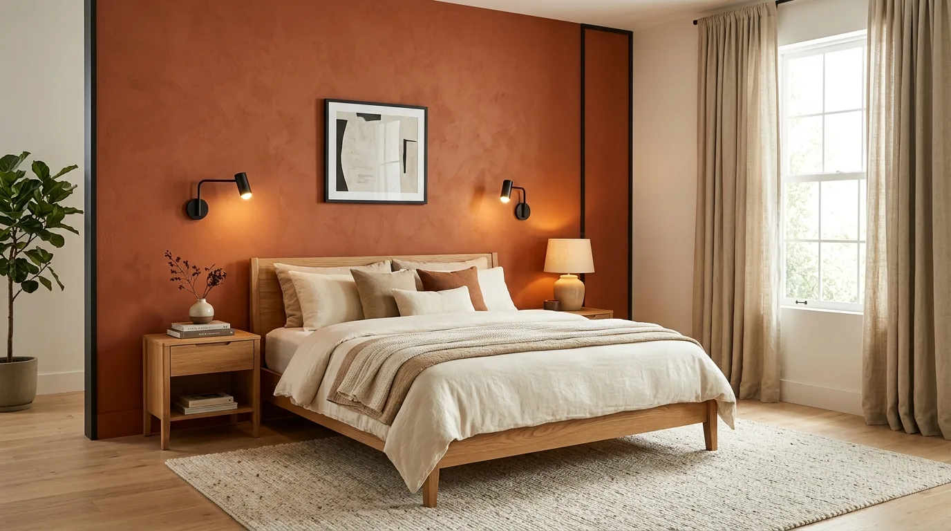 Contemporary bedroom with terracotta orange and light grey walls