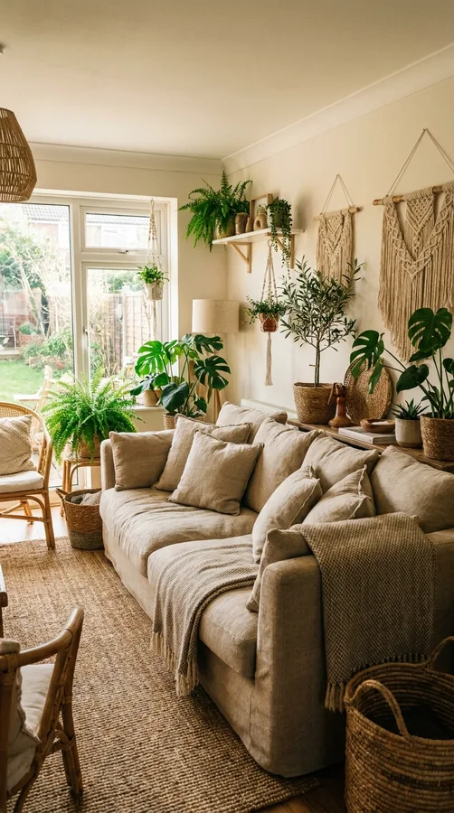 Modern room decorated with reclaimed wood, recycled materials, and natural textures.