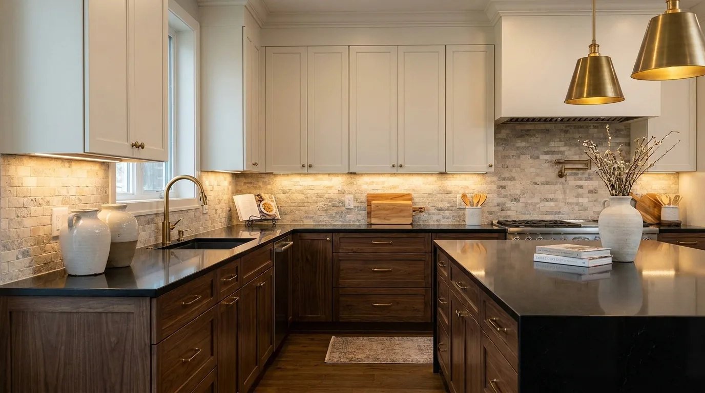 Black quartz waterfall island in a sleek modern kitchen