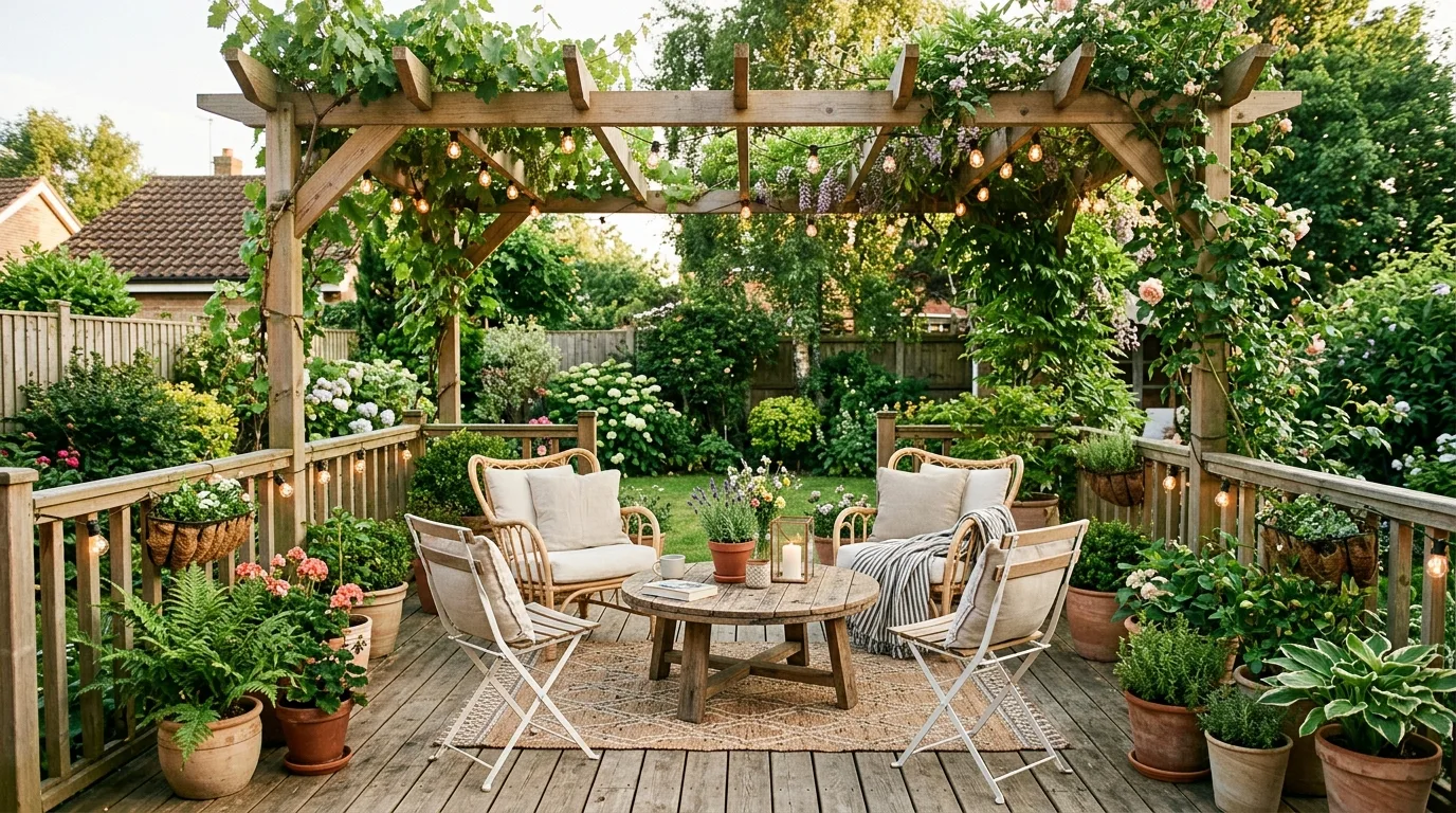 Small cozy backyard deck with compact seating and potted plants