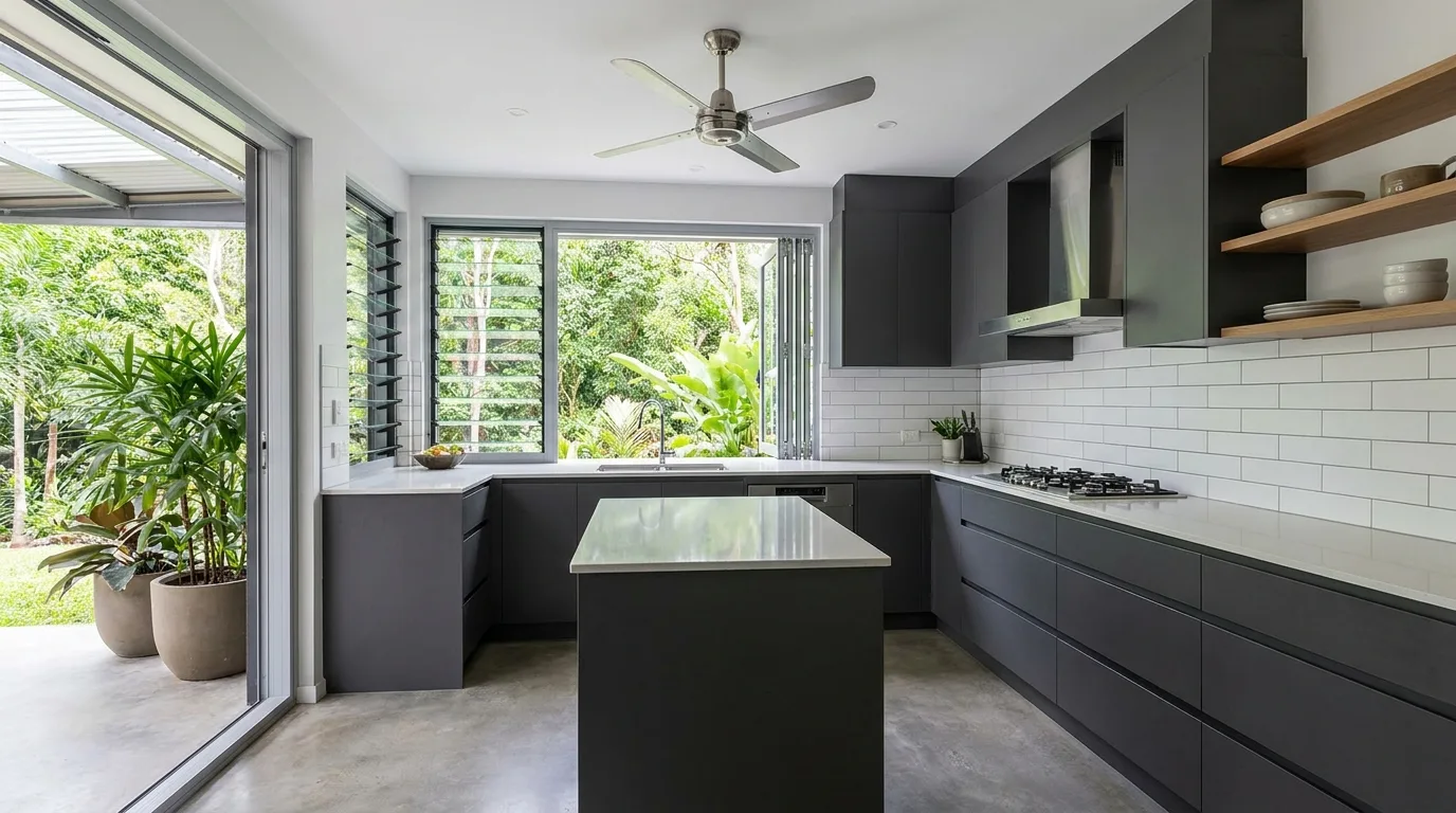 Kitchen with warm wood-look aluminium cabinet doors