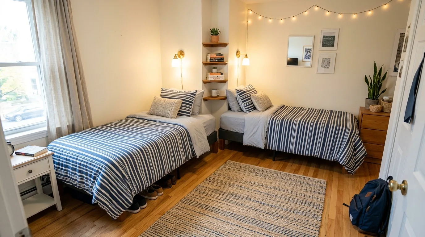Small shared bedroom with a modern bunk bed and open floor space