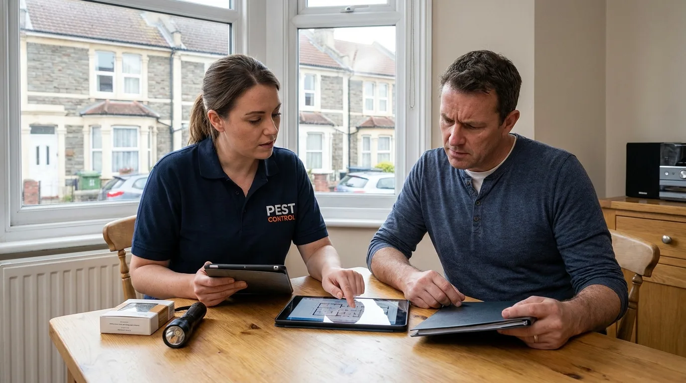Professional pest control inspection inside a Bristol home