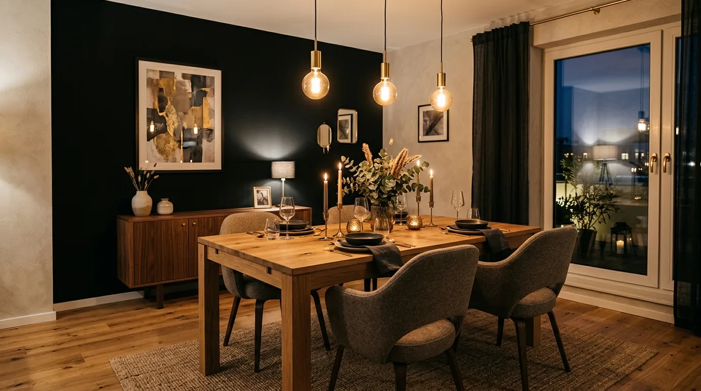 Black accent wall with vertical natural wood slats