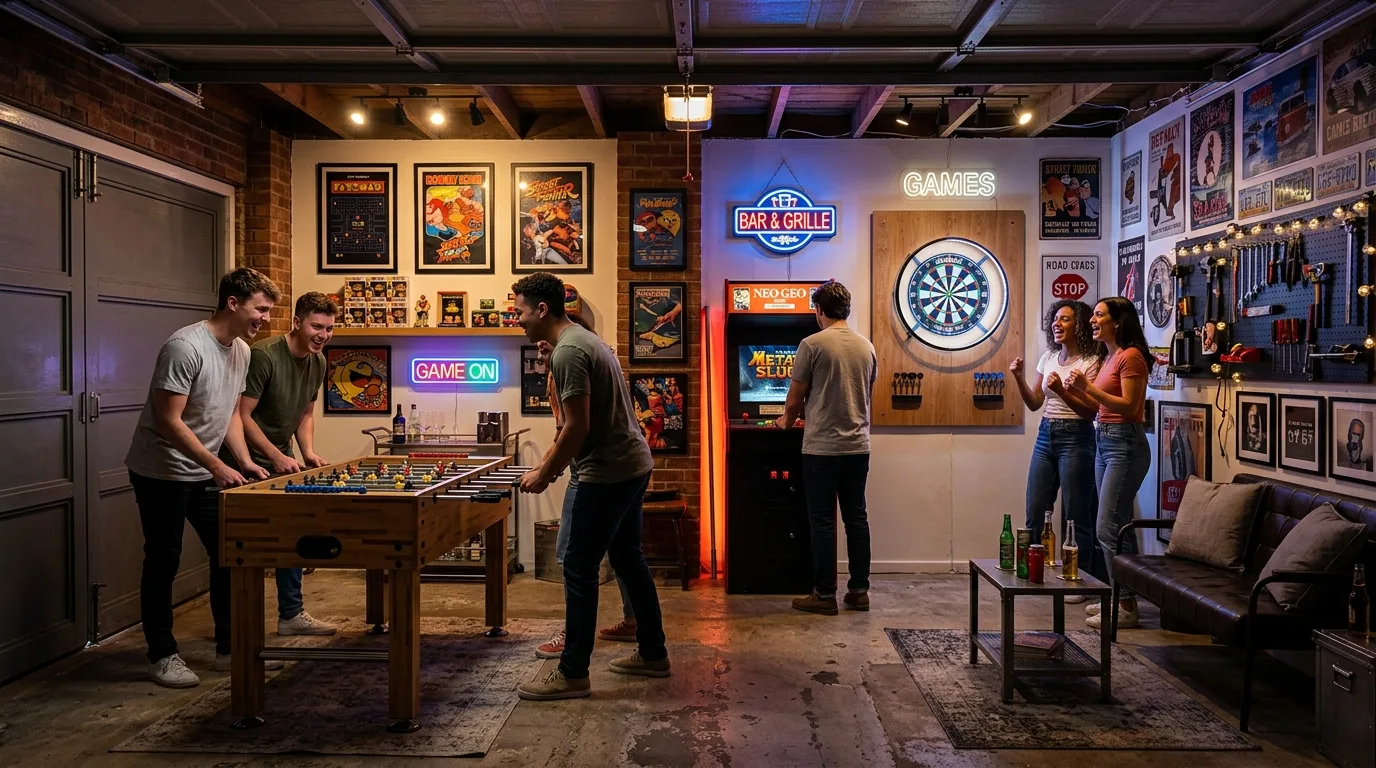 Modern garage gaming room with organized equipment