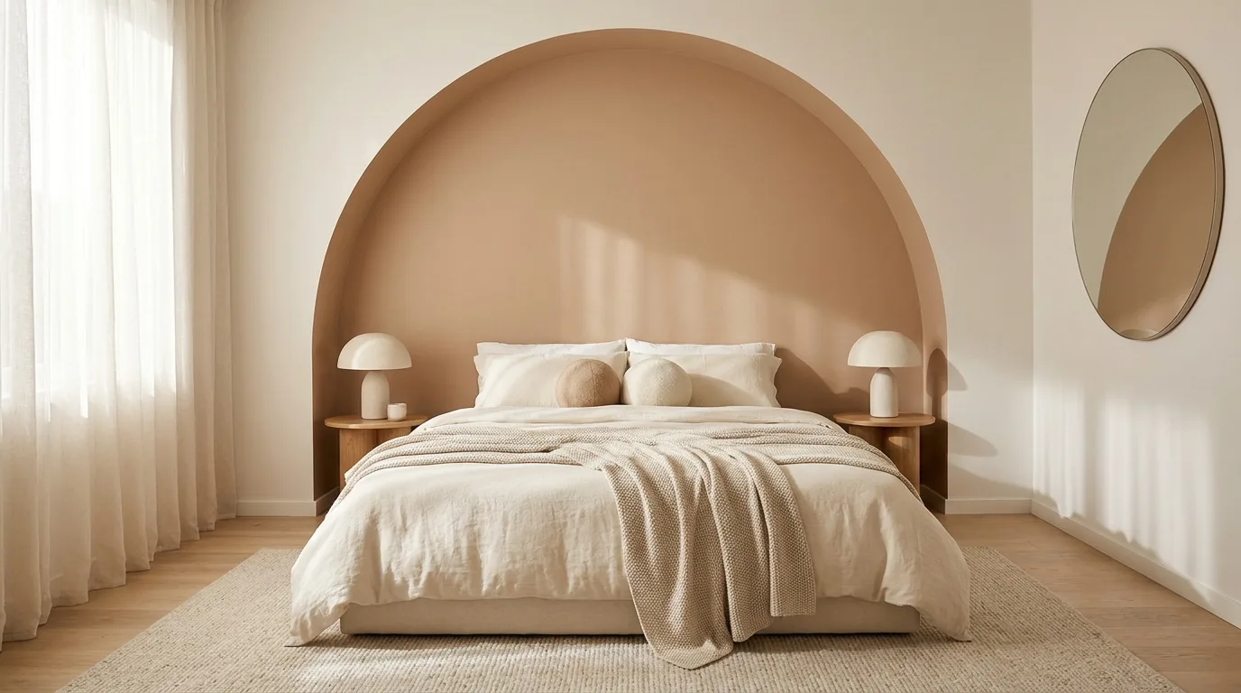 Bedroom wall with floating wooden shelves and tasteful decor