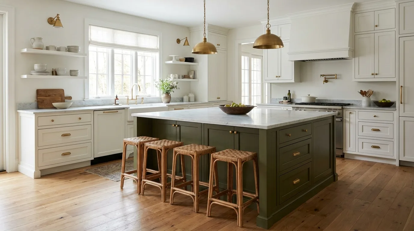 Modern kitchen with black lower cabinets and warm white upper cabinets
