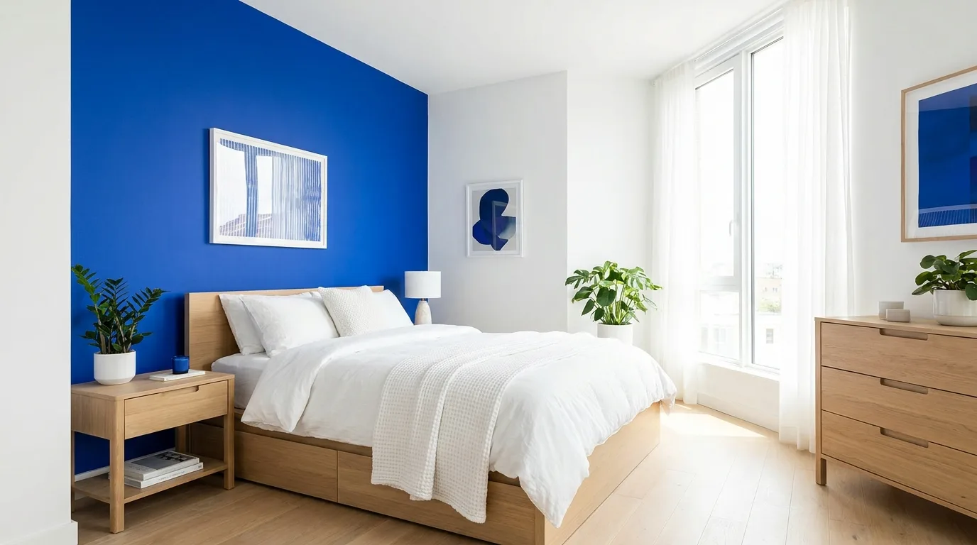 Medium blue and warm gray bedroom wall color combination
