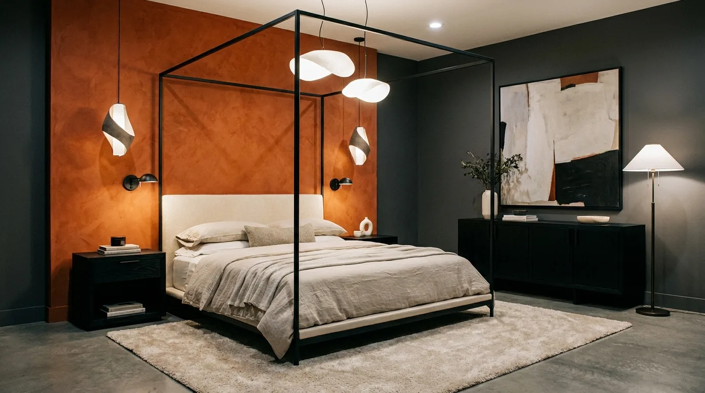 Burnt orange and navy blue bedroom with sophisticated modern decor
