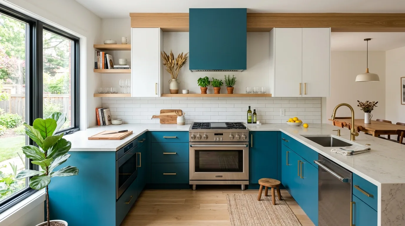 Navy blue and white two-tone kitchen cabinets