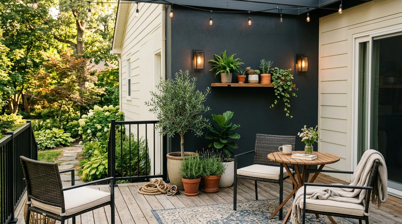 DIY built-in bench with cushions on a backyard deck