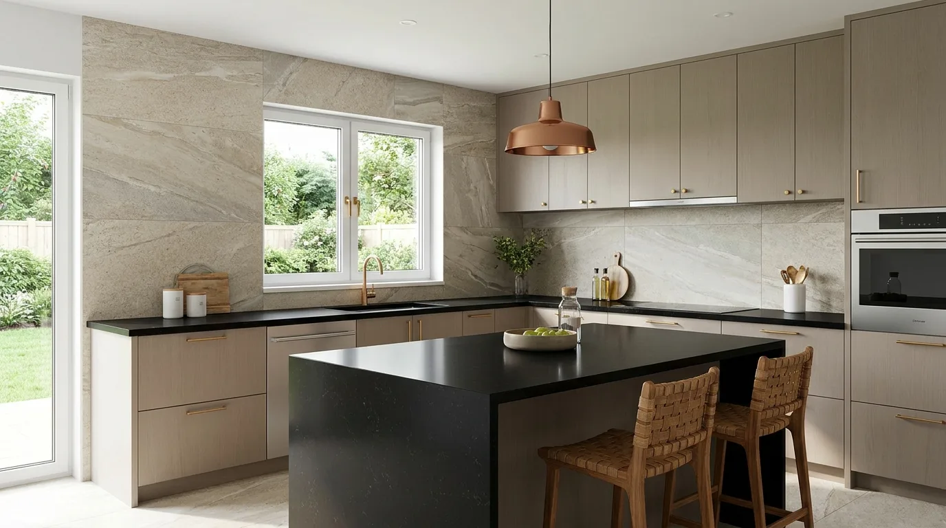 Warm wood cabinets paired with black quartz countertops