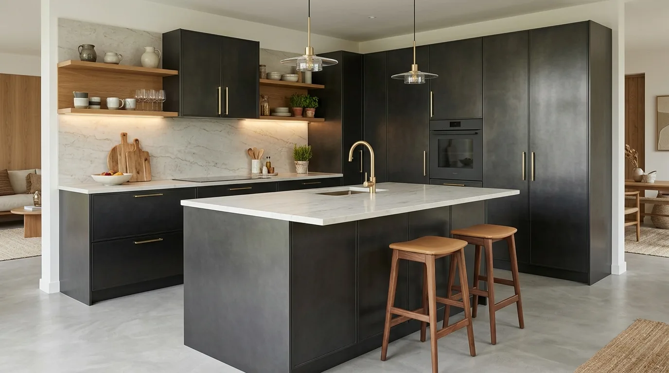 Modern kitchen with warm oak wood-look aluminium cabinets