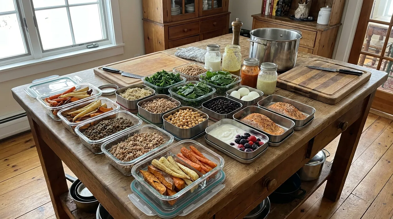Balanced Mediterranean meal with fish, vegetables, chickpeas, and grains