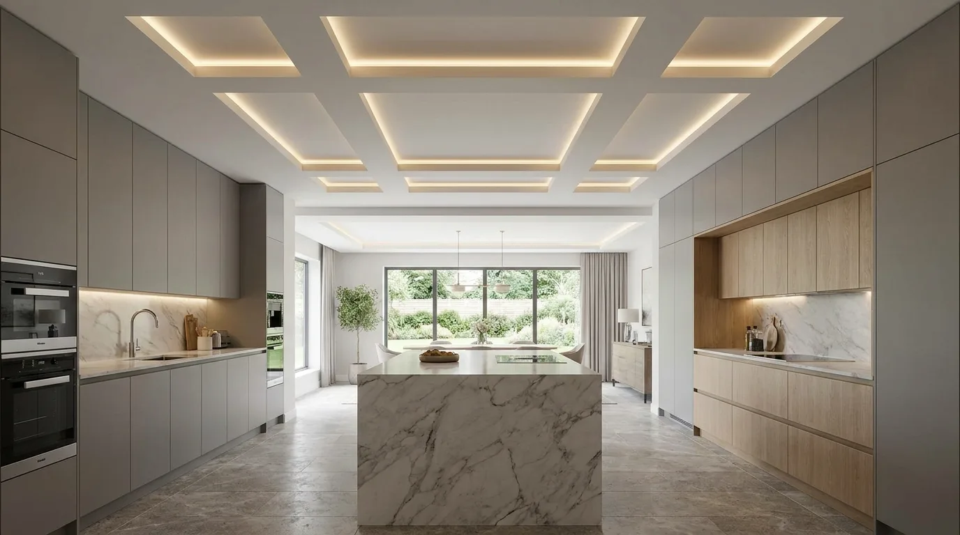 Modern kitchen with a tray false ceiling and recessed lights