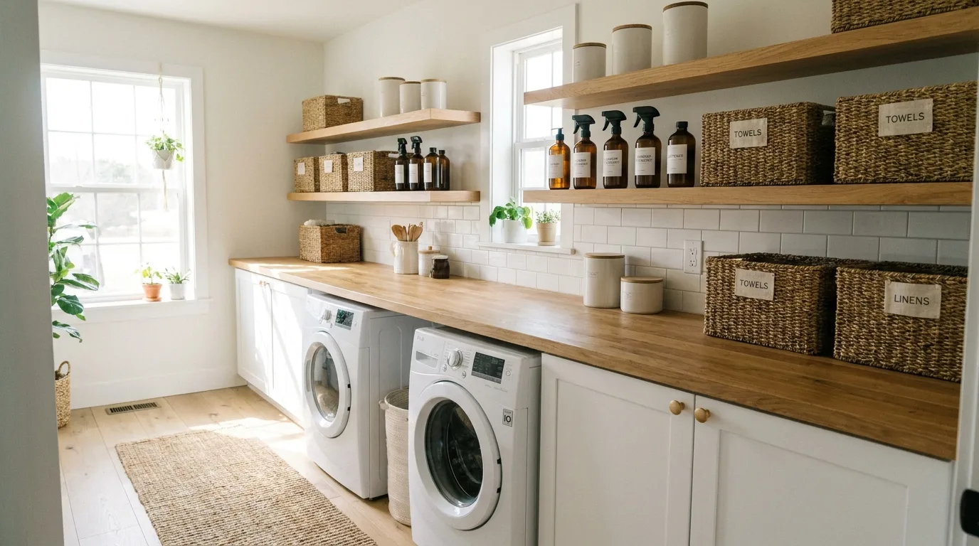 Over-the-door organizer holding laundry supplies