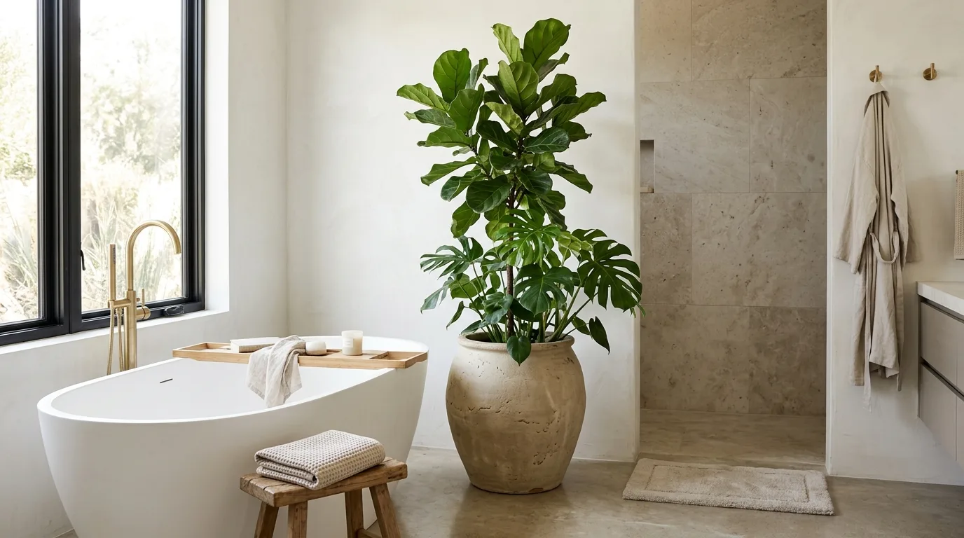 Small potted plants arranged around a bathroom vanity