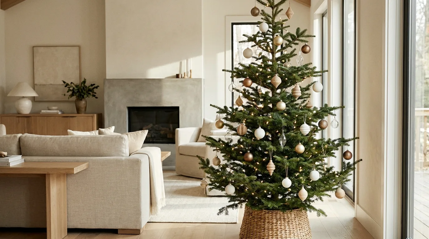 Minimalist Christmas tree with sparse neutral ornaments, warm lights, and a woven basket base