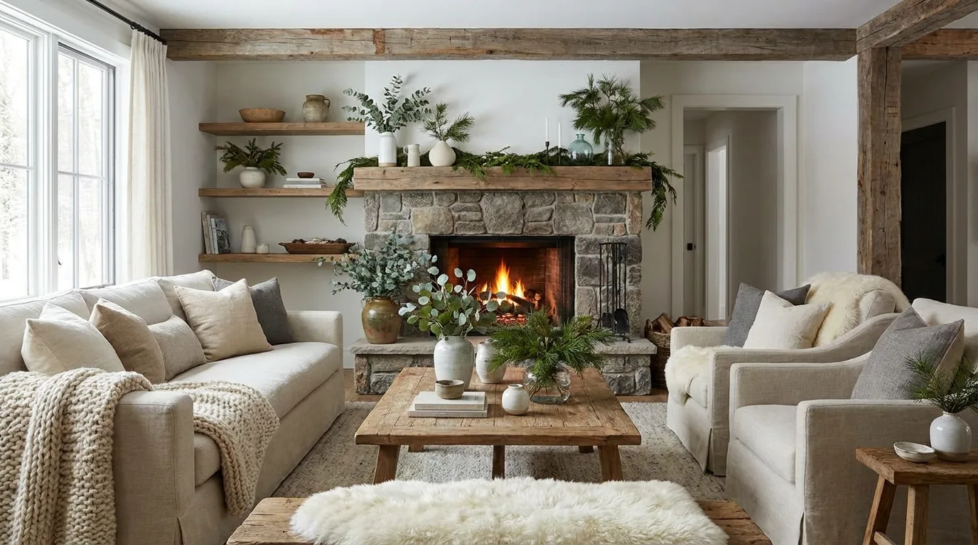 Winter greenery arranged in simple vases for natural seasonal decor