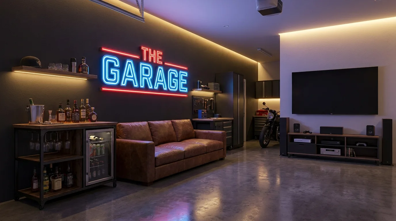 Stylish garage home bar with wood counter, stools, shelving, and lounge seating