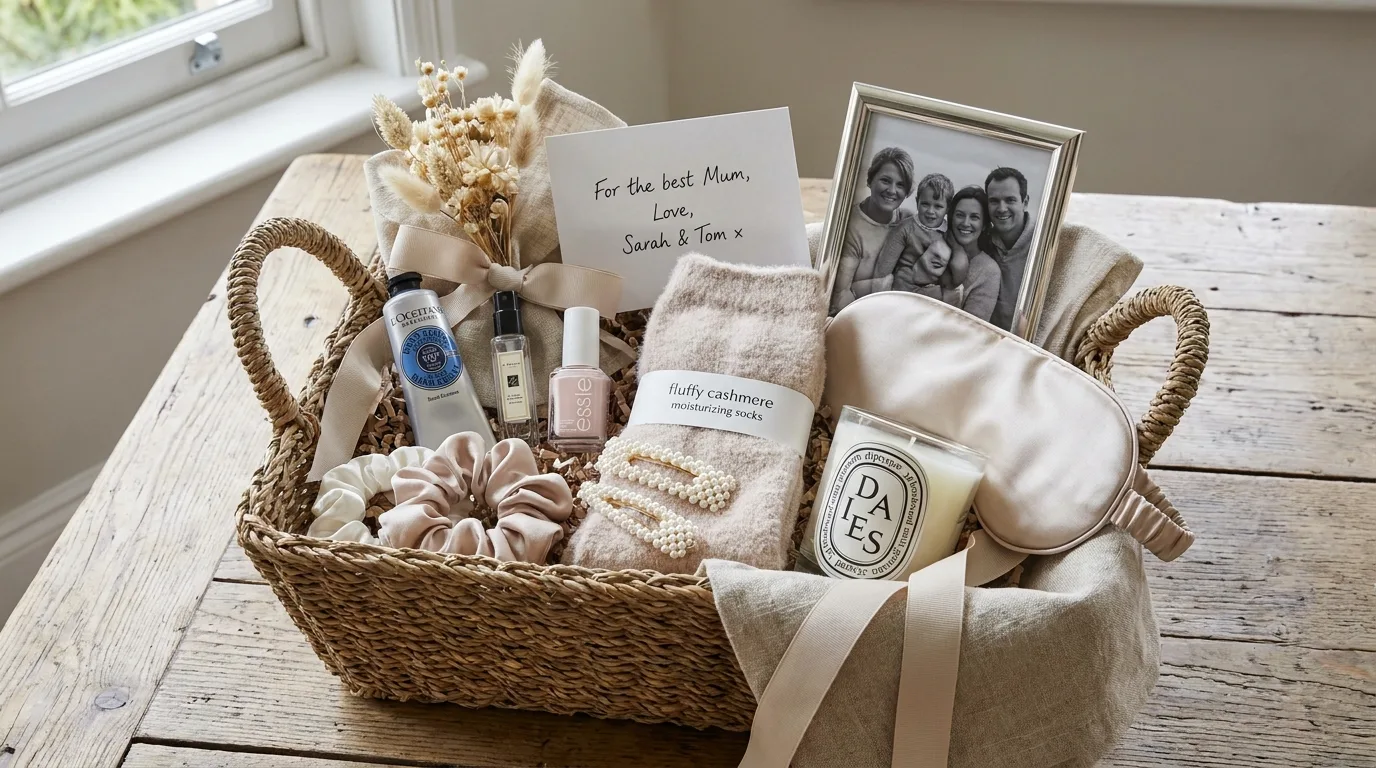 Mother’s Day tea basket with teacup, tea, honey, cookies, preserves, and a flowering plant