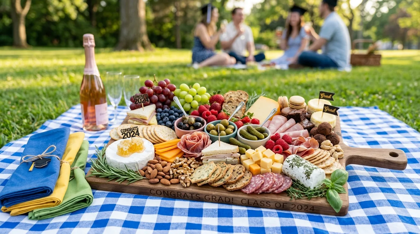 Diploma-inspired graduation charcuterie board with rolled foods, ribbon accents, fruit, cheese, and crackers