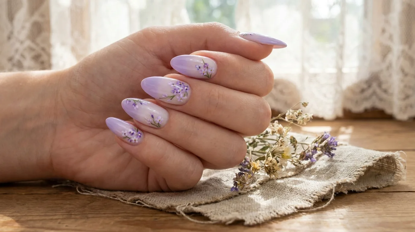 Elegant floral French tip nails with tiny pastel flowers